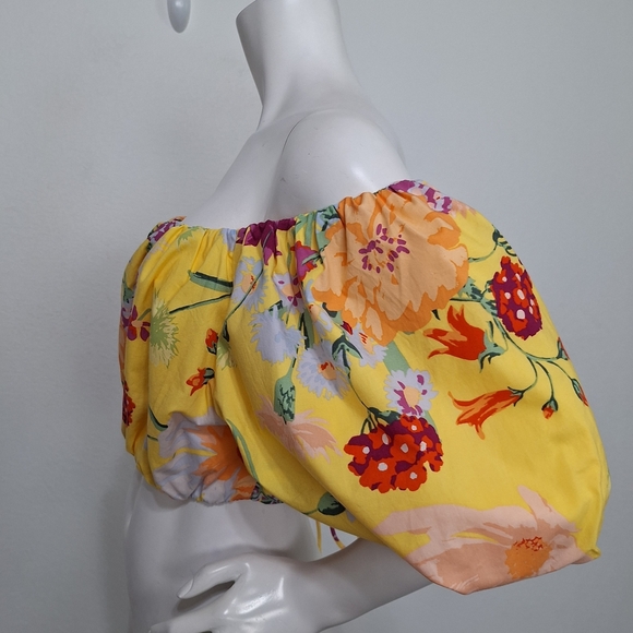 H&M Yellow Multicolor Floral Tropical Tie Back Off The Shoulder Crop Top Size XL - Picture 5 of 8
